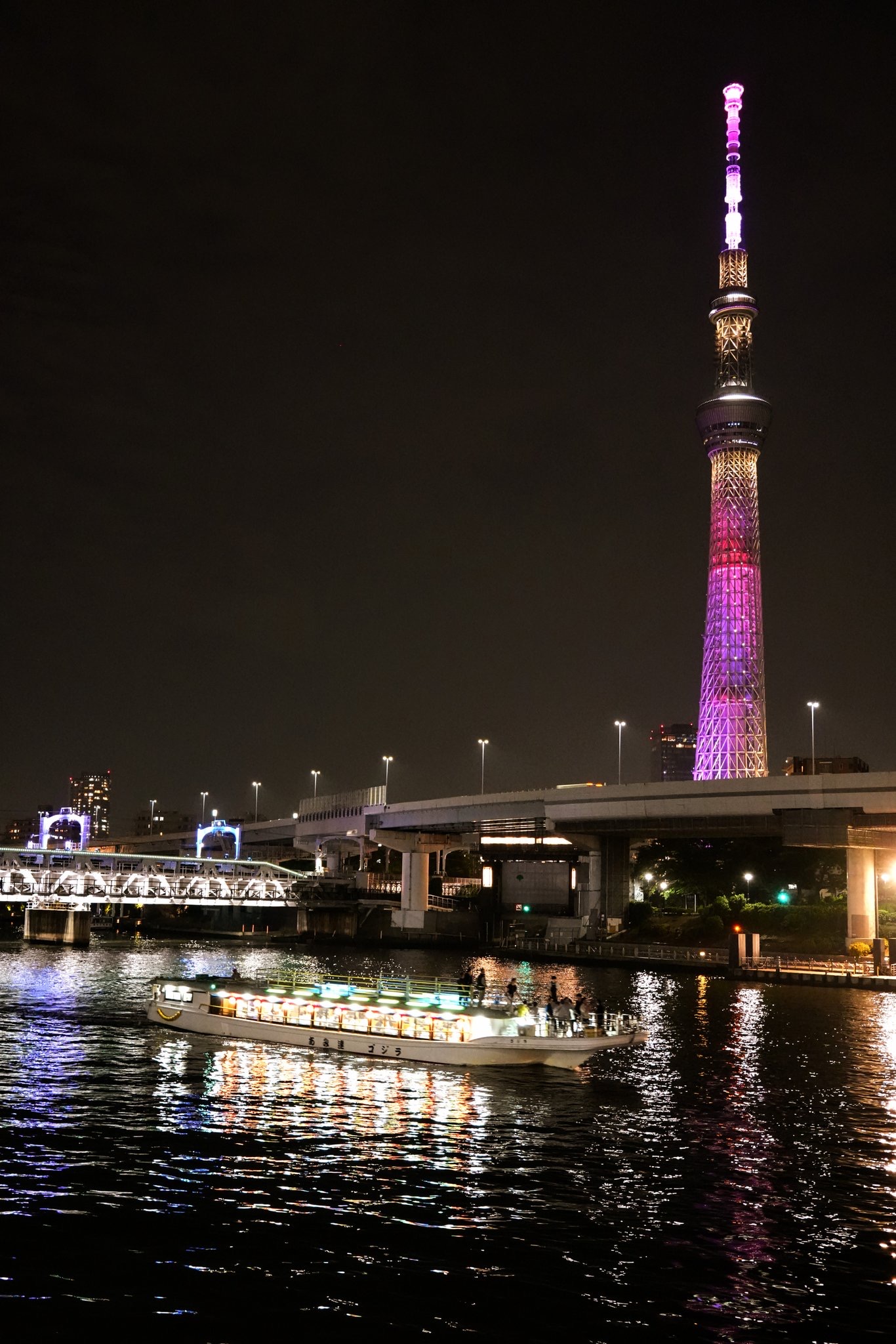 Tokyo Skytree illuminated at night view from Sumida River